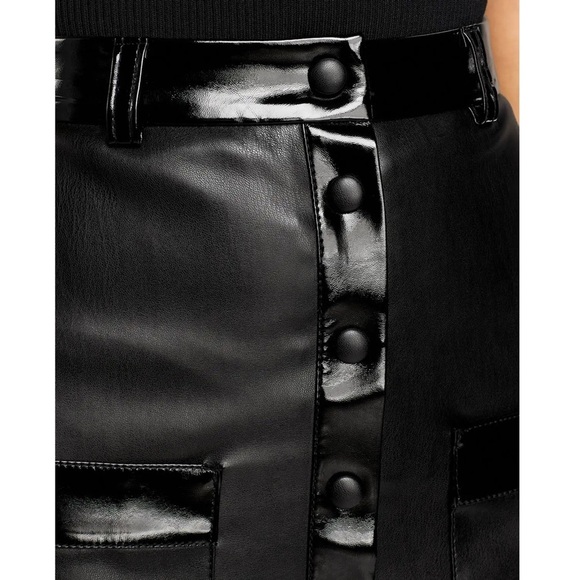 STAUD 70s Faux Leather High Waist Button Front Patent Trim Pocket Mini Skirt 6 - Picture 12 of 14